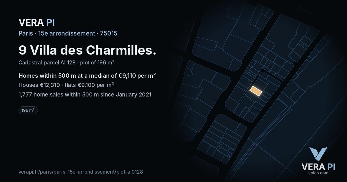 9 Villa des Charmilles, 15e arrondissement at night – the plot lit, the parcels around coloured by the prices near them