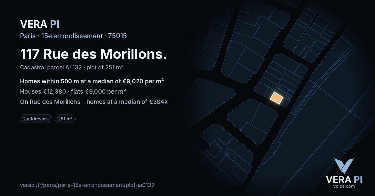 117 Rue des Morillons, 15e arrondissement at night – the plot lit, the parcels around coloured by the prices near them