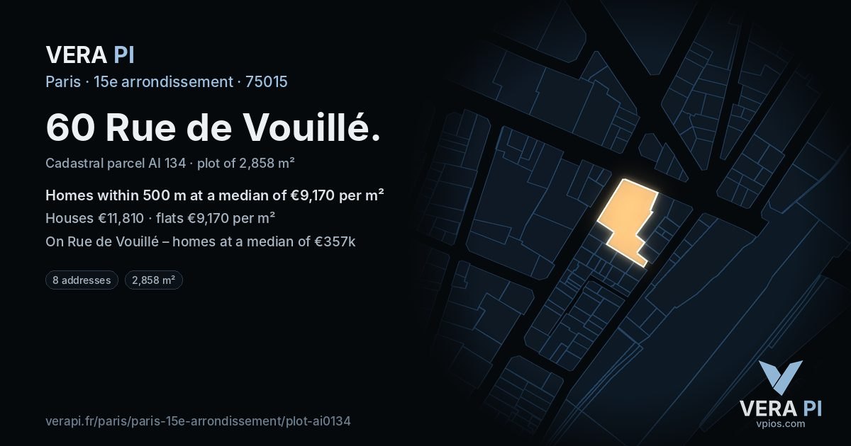 60 Rue de Vouillé, 15e arrondissement at night – the plot lit, the parcels around coloured by the prices near them