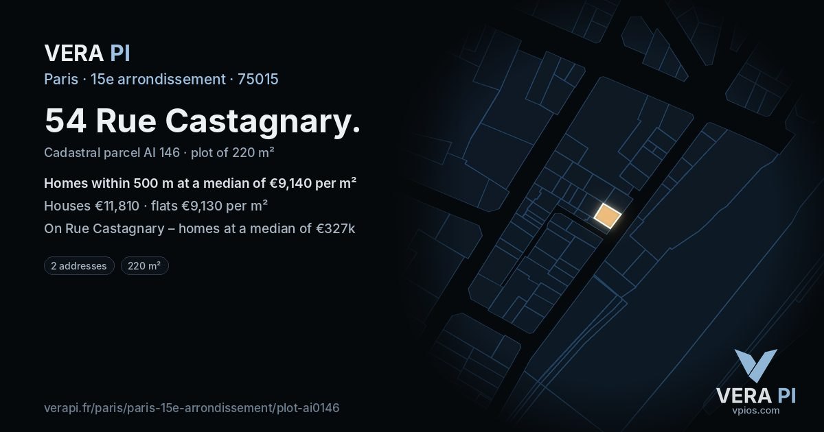 54 Rue Castagnary, 15e arrondissement at night – the plot lit, the parcels around coloured by the prices near them