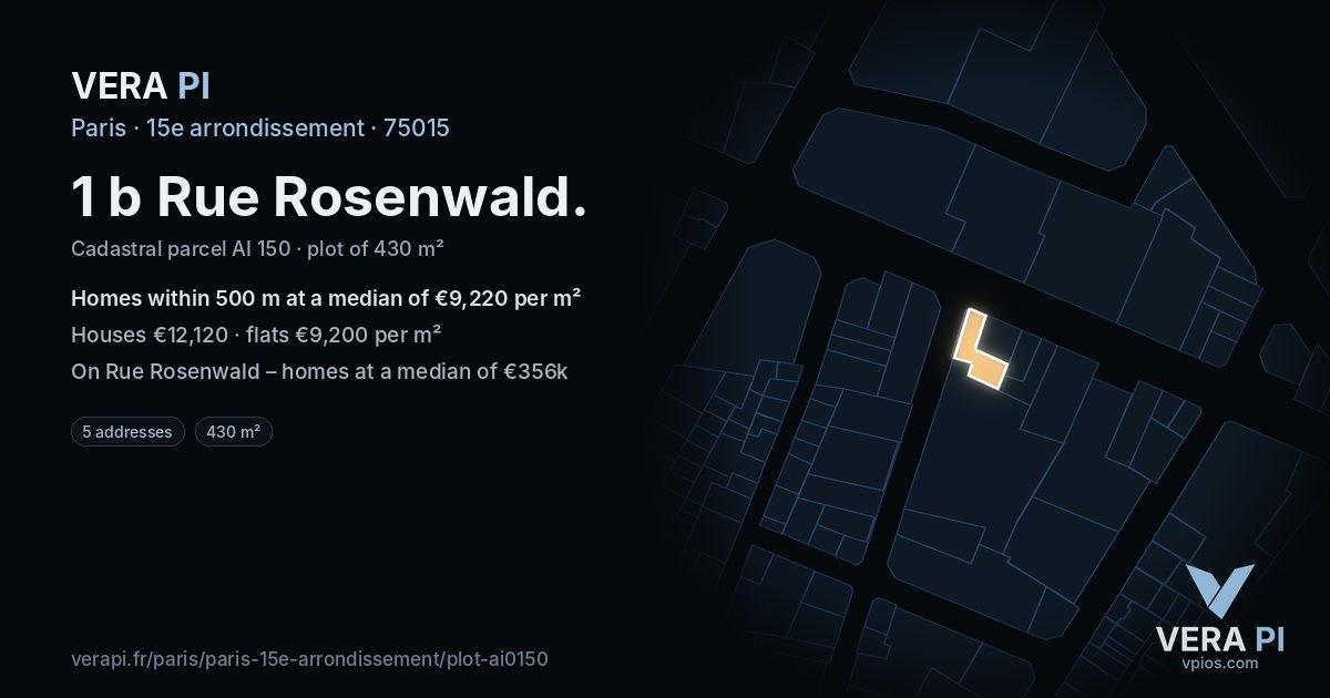 1 b Rue Rosenwald, 15e arrondissement at night – the plot lit, the parcels around coloured by the prices near them