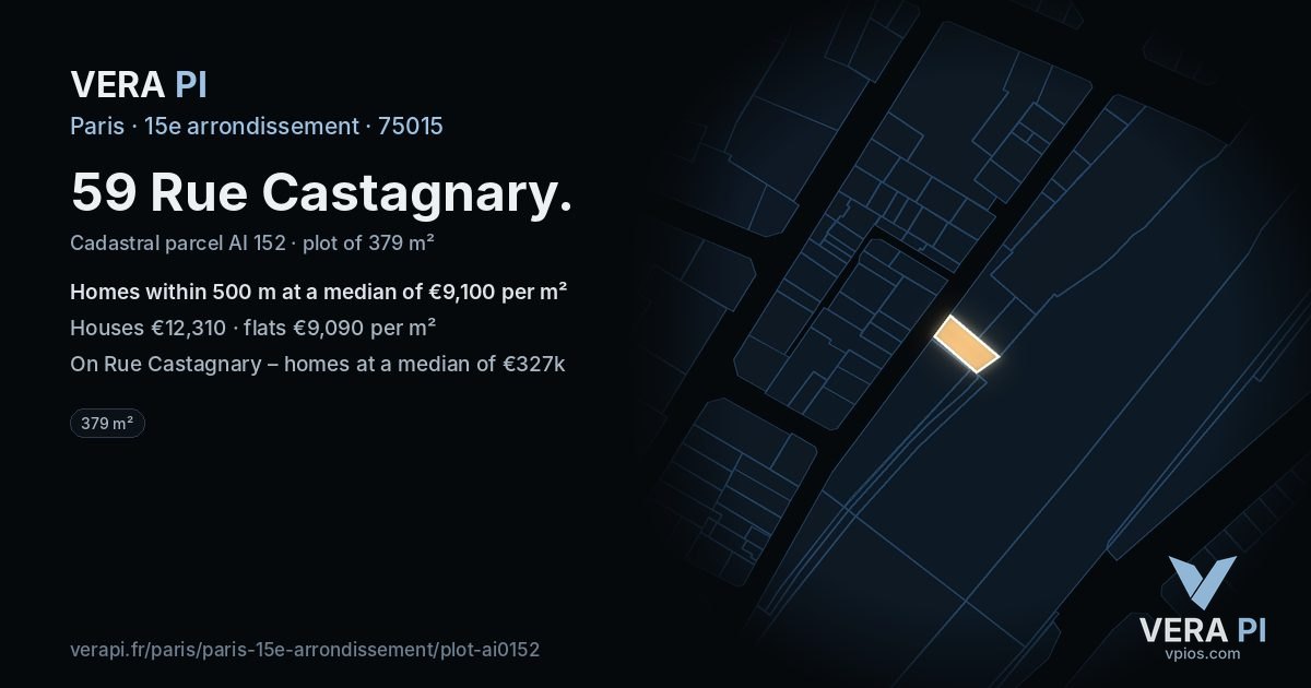 59 Rue Castagnary, 15e arrondissement at night – the plot lit, the parcels around coloured by the prices near them