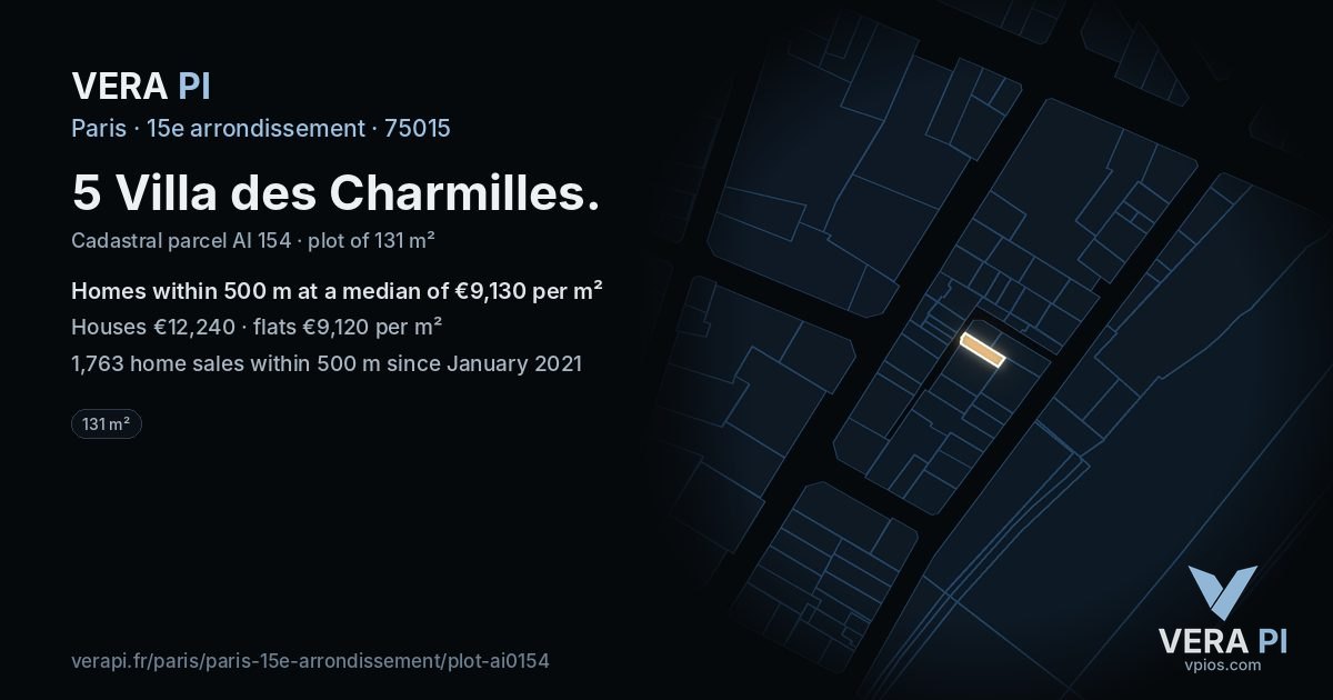 5 Villa des Charmilles, 15e arrondissement at night – the plot lit, the parcels around coloured by the prices near them