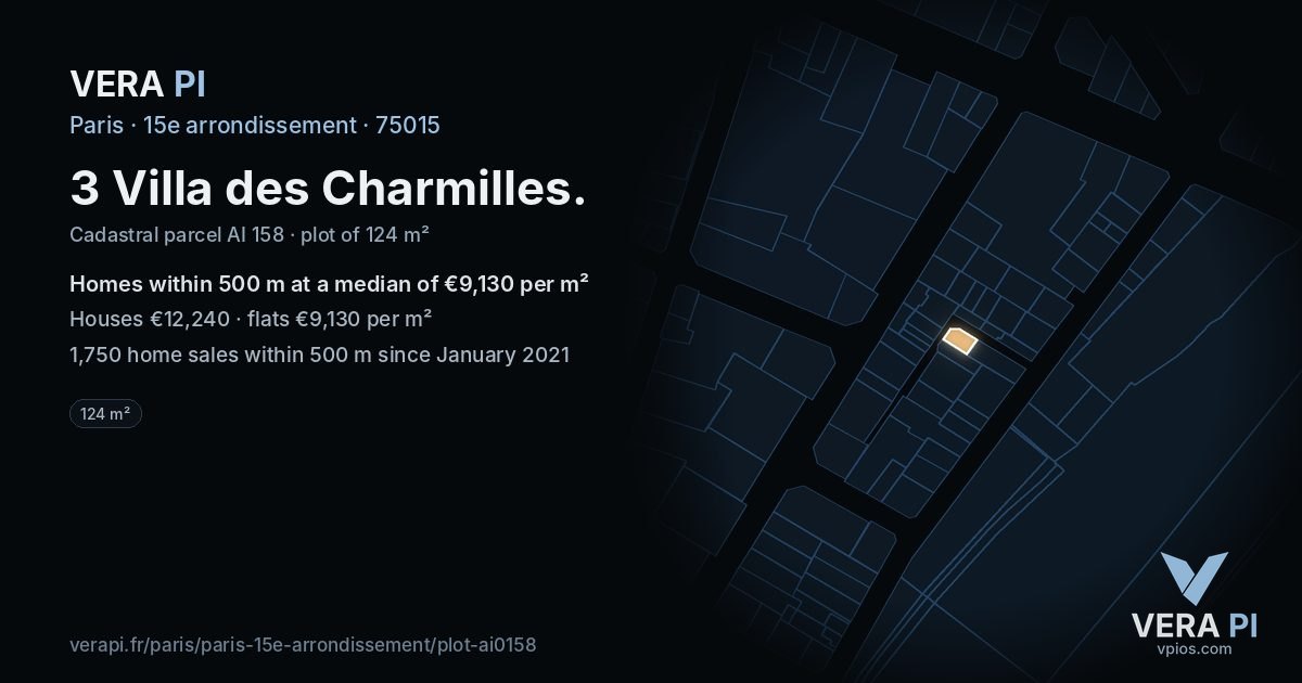 3 Villa des Charmilles, 15e arrondissement at night – the plot lit, the parcels around coloured by the prices near them