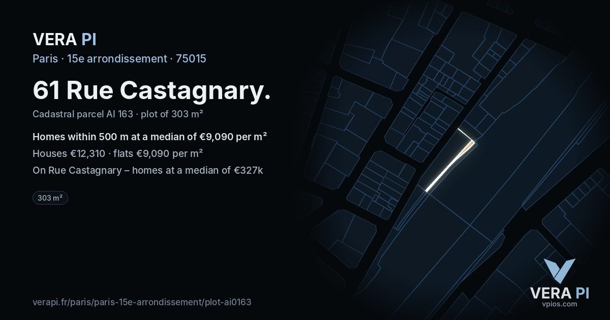 61 Rue Castagnary, 15e arrondissement at night – the plot lit, the parcels around coloured by the prices near them