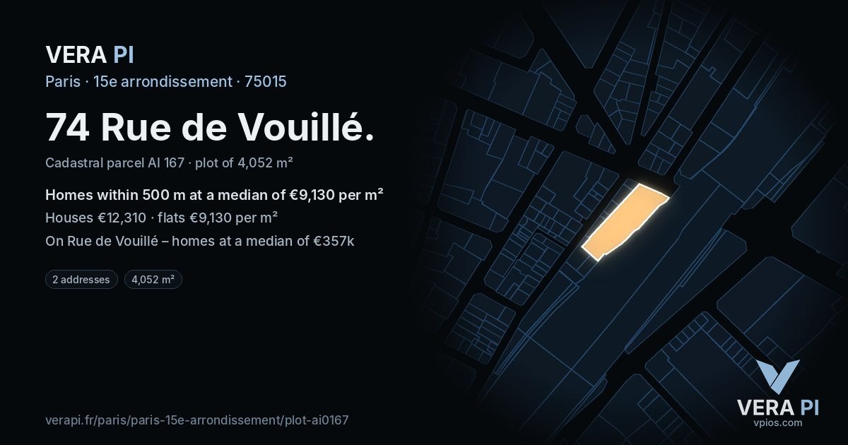 74 Rue de Vouillé, 15e arrondissement at night – the plot lit, the parcels around coloured by the prices near them