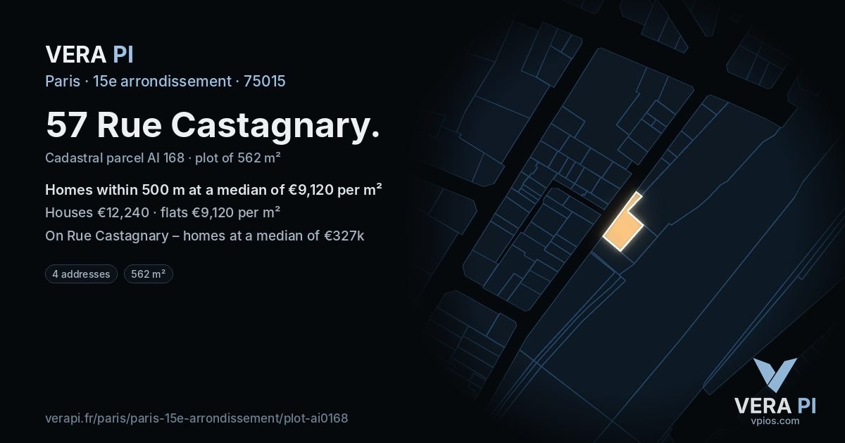 57 Rue Castagnary, 15e arrondissement at night – the plot lit, the parcels around coloured by the prices near them