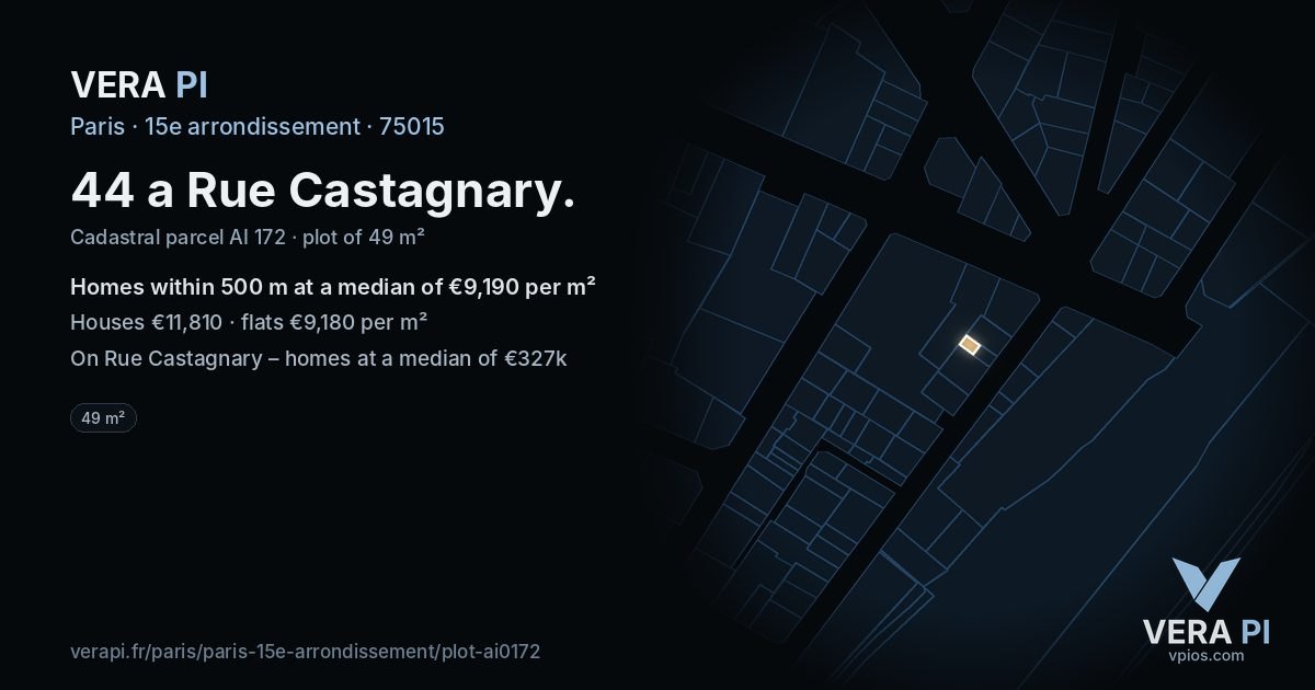 44 a Rue Castagnary, 15e arrondissement at night – the plot lit, the parcels around coloured by the prices near them