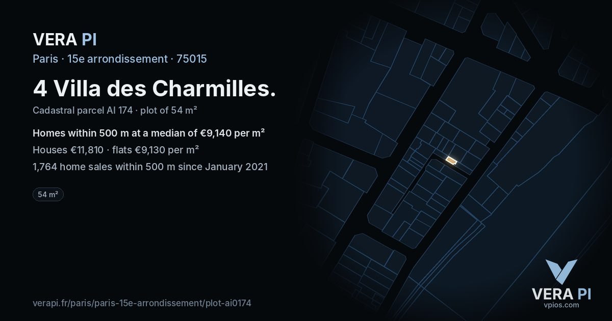 4 Villa des Charmilles, 15e arrondissement at night – the plot lit, the parcels around coloured by the prices near them
