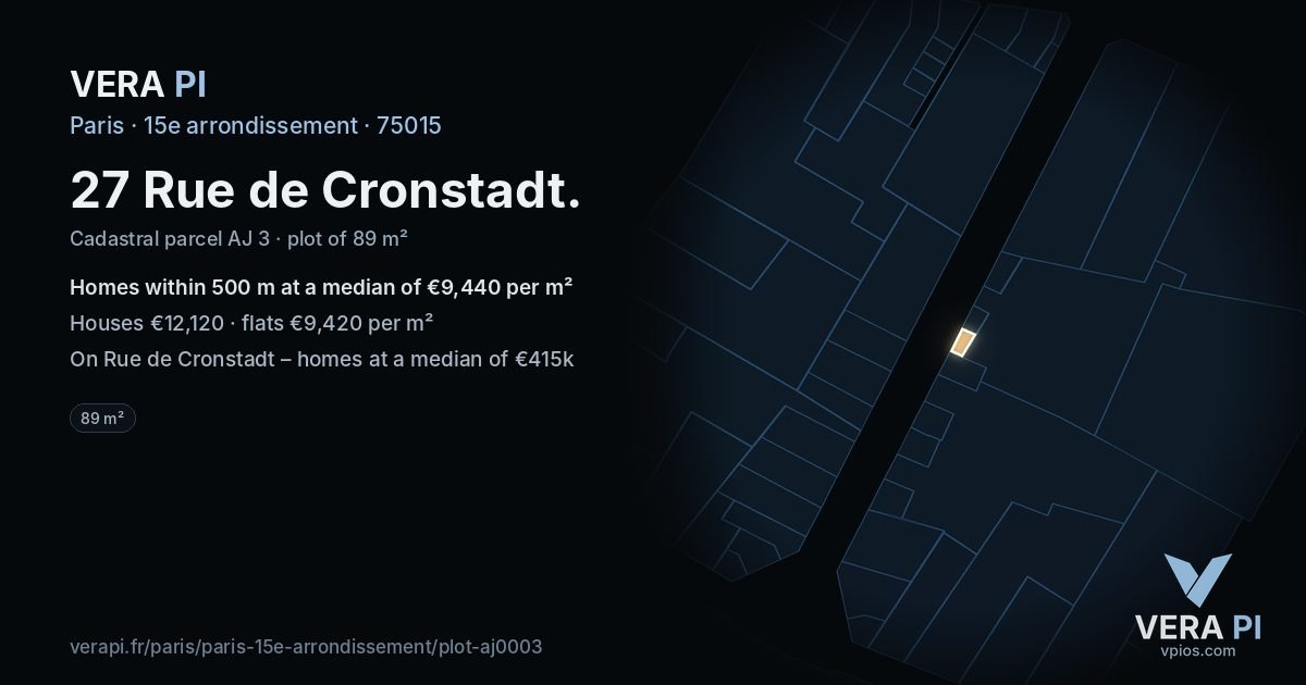 27 Rue de Cronstadt, 15e arrondissement at night – the plot lit, the parcels around coloured by the prices near them