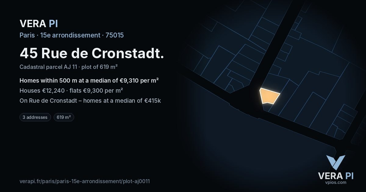 45 Rue de Cronstadt, 15e arrondissement at night – the plot lit, the parcels around coloured by the prices near them