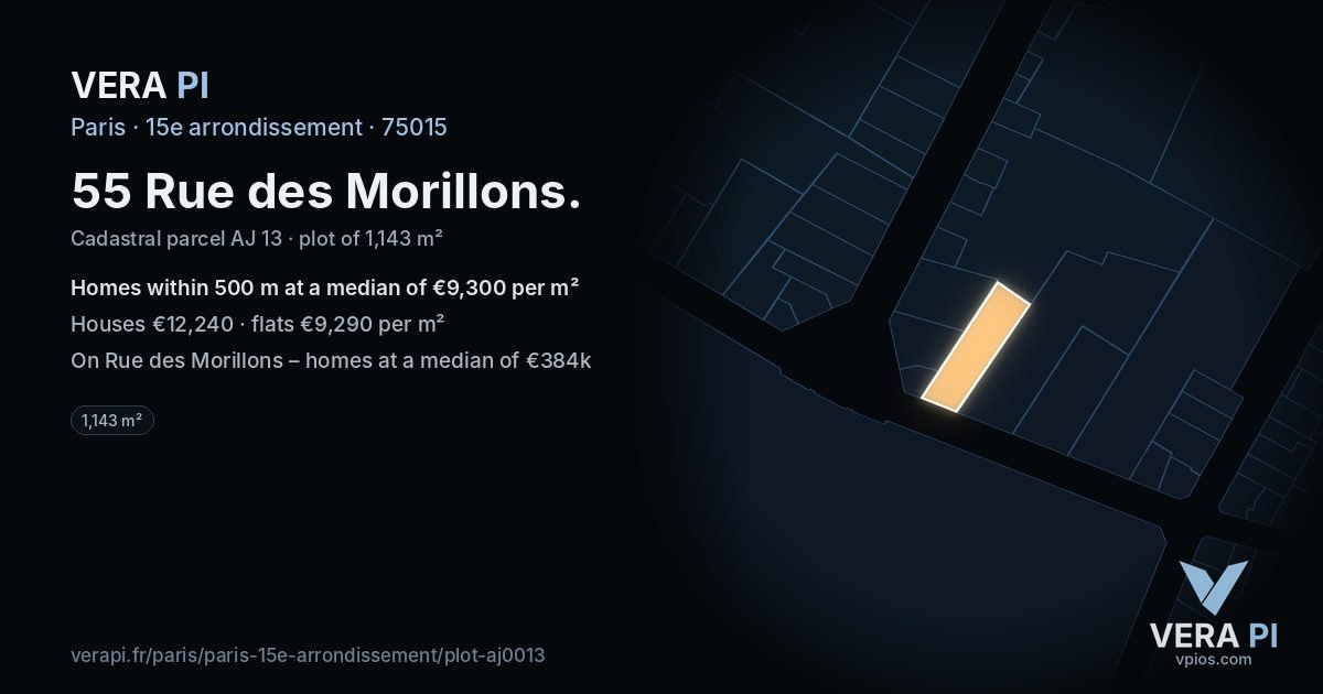 55 Rue des Morillons, 15e arrondissement at night – the plot lit, the parcels around coloured by the prices near them