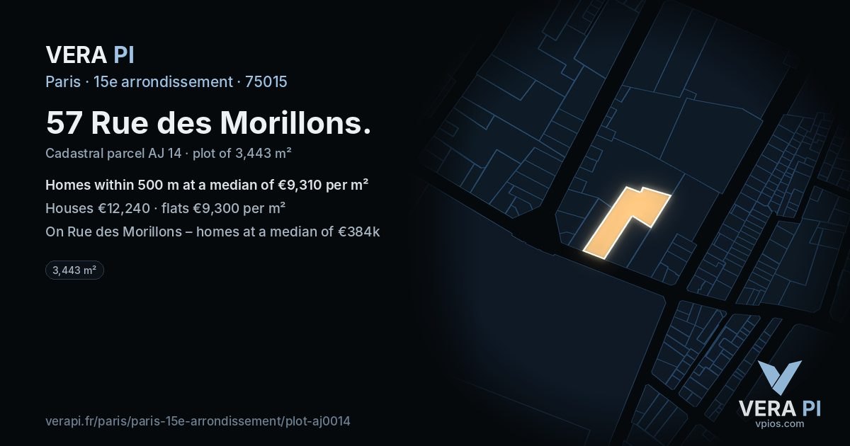 57 Rue des Morillons, 15e arrondissement at night – the plot lit, the parcels around coloured by the prices near them
