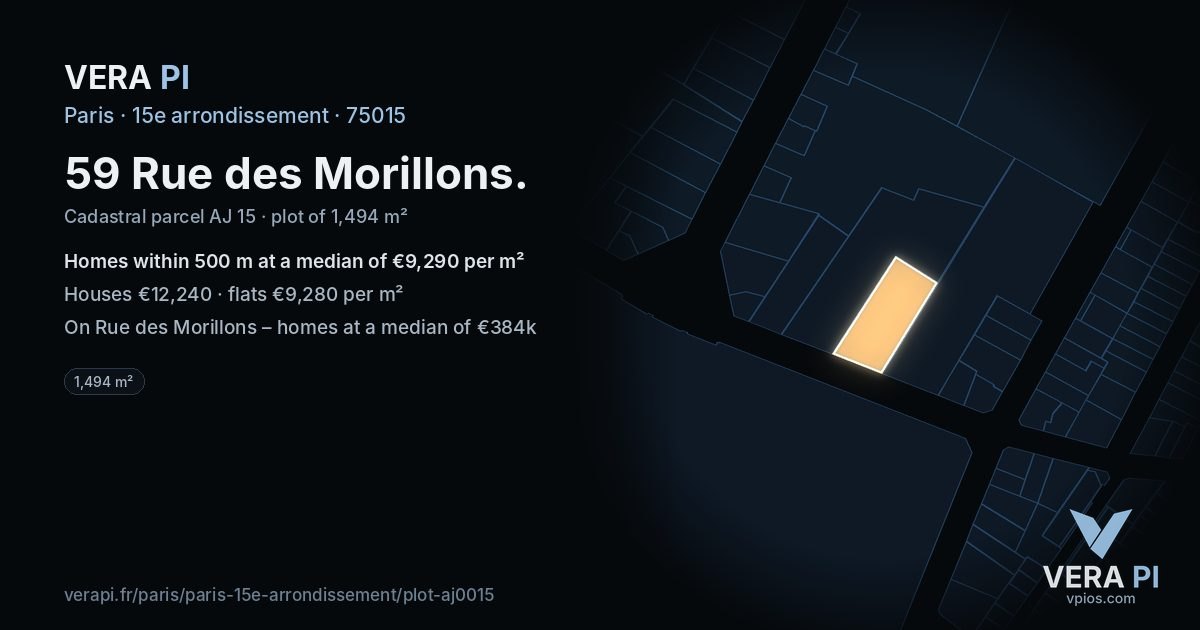 59 Rue des Morillons, 15e arrondissement at night – the plot lit, the parcels around coloured by the prices near them