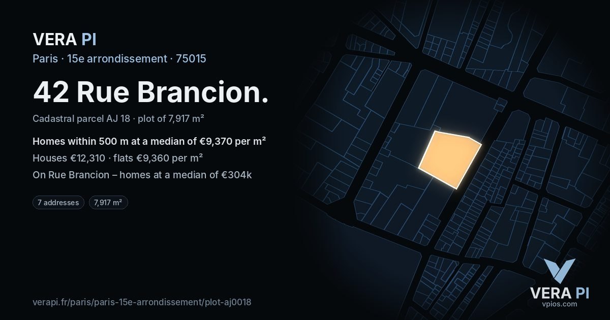 42 Rue Brancion, 15e arrondissement at night – the plot lit, the parcels around coloured by the prices near them
