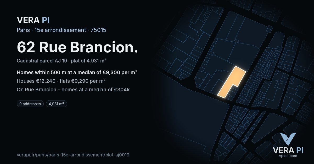 62 Rue Brancion, 15e arrondissement at night – the plot lit, the parcels around coloured by the prices near them
