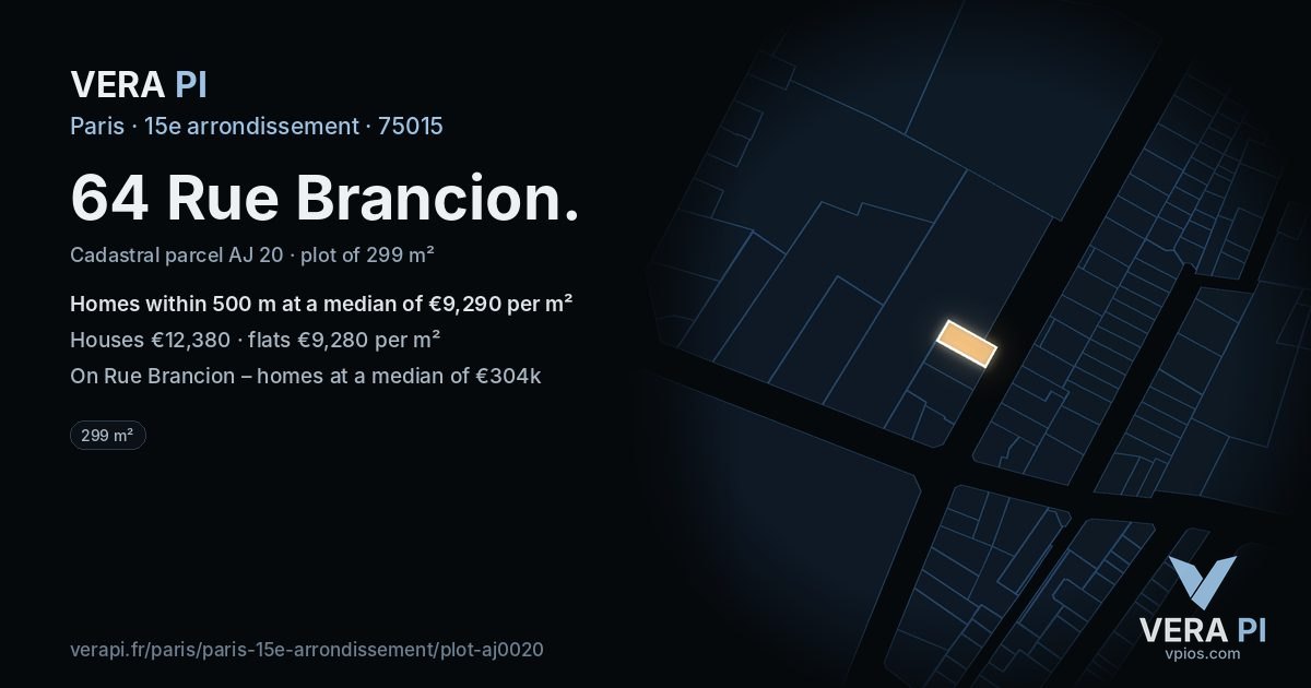 64 Rue Brancion, 15e arrondissement at night – the plot lit, the parcels around coloured by the prices near them