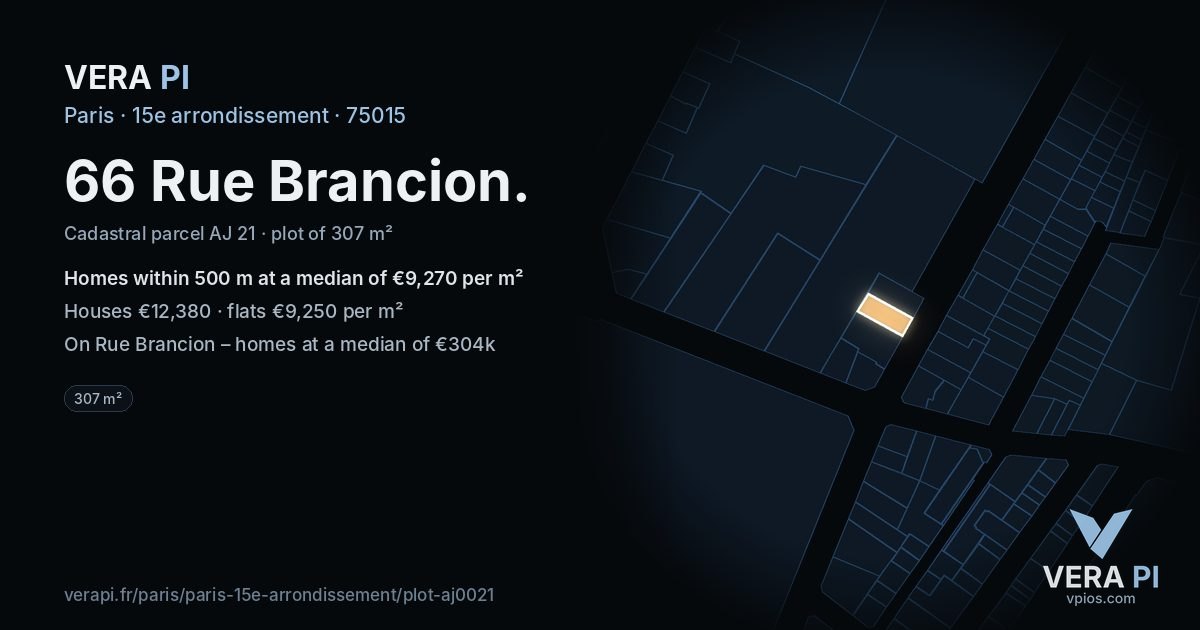 66 Rue Brancion, 15e arrondissement at night – the plot lit, the parcels around coloured by the prices near them