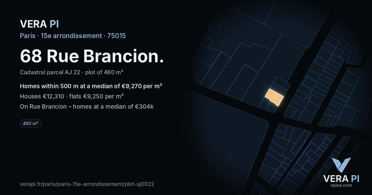 68 Rue Brancion, 15e arrondissement at night – the plot lit, the parcels around coloured by the prices near them