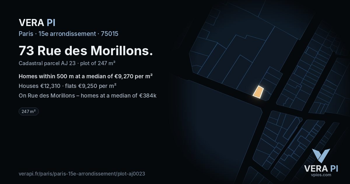 73 Rue des Morillons, 15e arrondissement at night – the plot lit, the parcels around coloured by the prices near them