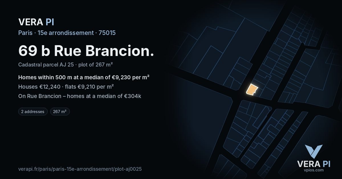 69 b Rue Brancion, 15e arrondissement at night – the plot lit, the parcels around coloured by the prices near them