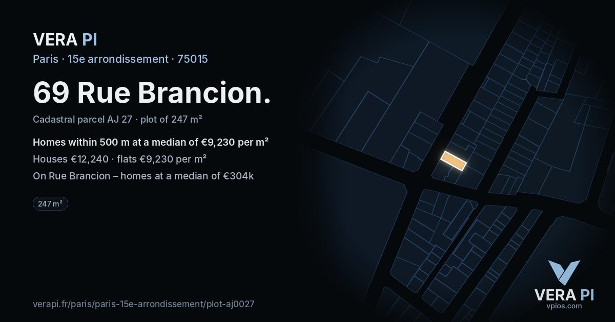 69 Rue Brancion, 15e arrondissement at night – the plot lit, the parcels around coloured by the prices near them