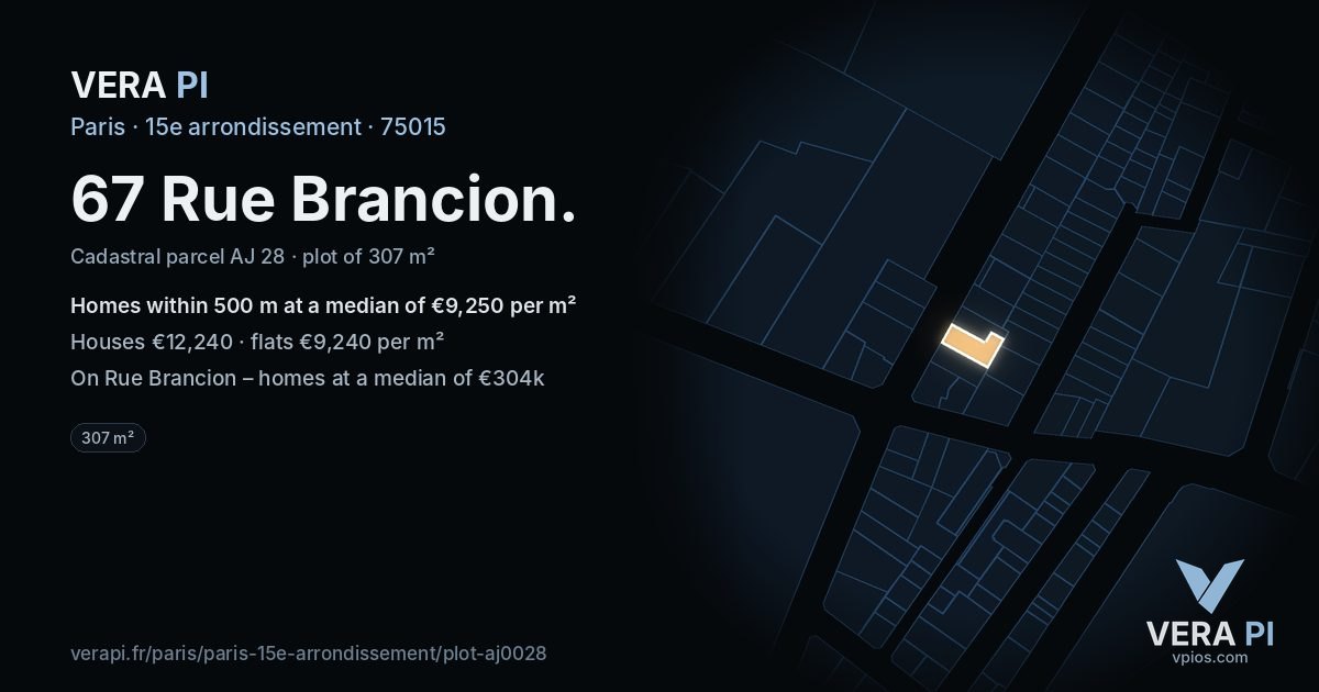 67 Rue Brancion, 15e arrondissement at night – the plot lit, the parcels around coloured by the prices near them