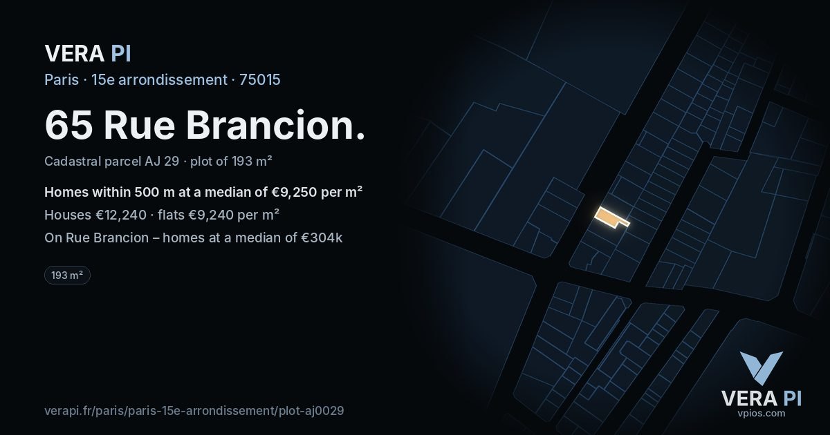 65 Rue Brancion, 15e arrondissement at night – the plot lit, the parcels around coloured by the prices near them