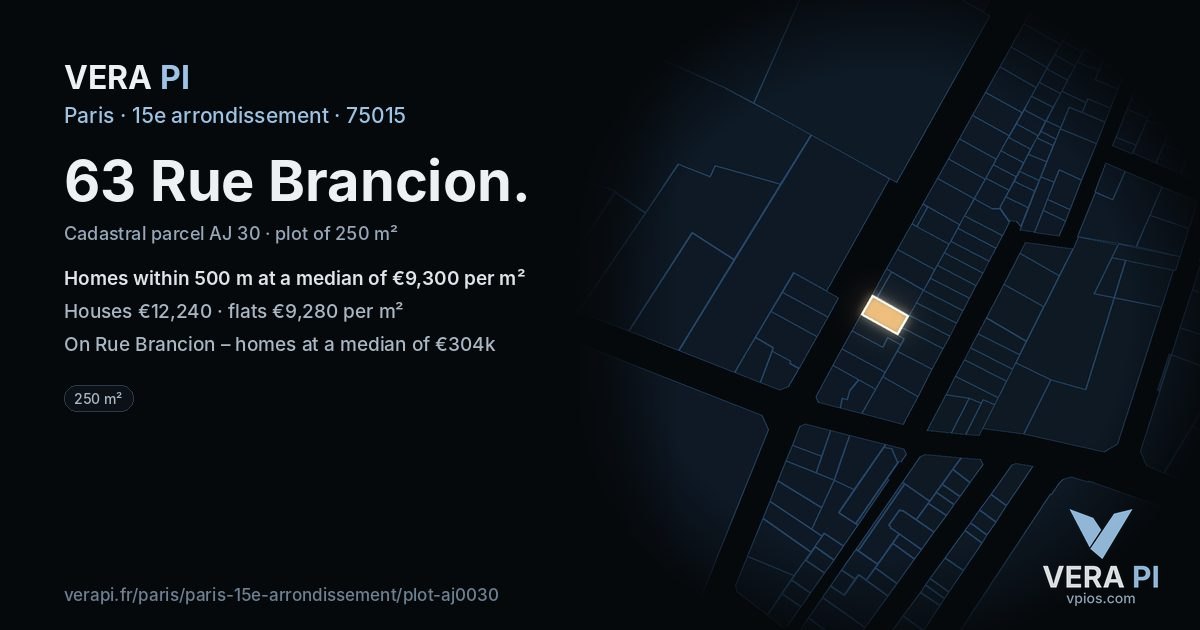 63 Rue Brancion, 15e arrondissement at night – the plot lit, the parcels around coloured by the prices near them