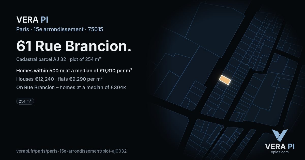 61 Rue Brancion, 15e arrondissement at night – the plot lit, the parcels around coloured by the prices near them