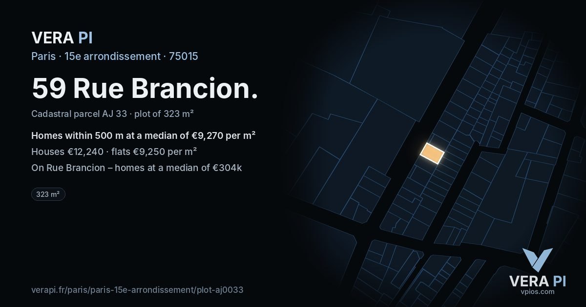 59 Rue Brancion, 15e arrondissement at night – the plot lit, the parcels around coloured by the prices near them