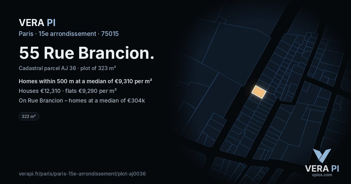 55 Rue Brancion, 15e arrondissement at night – the plot lit, the parcels around coloured by the prices near them