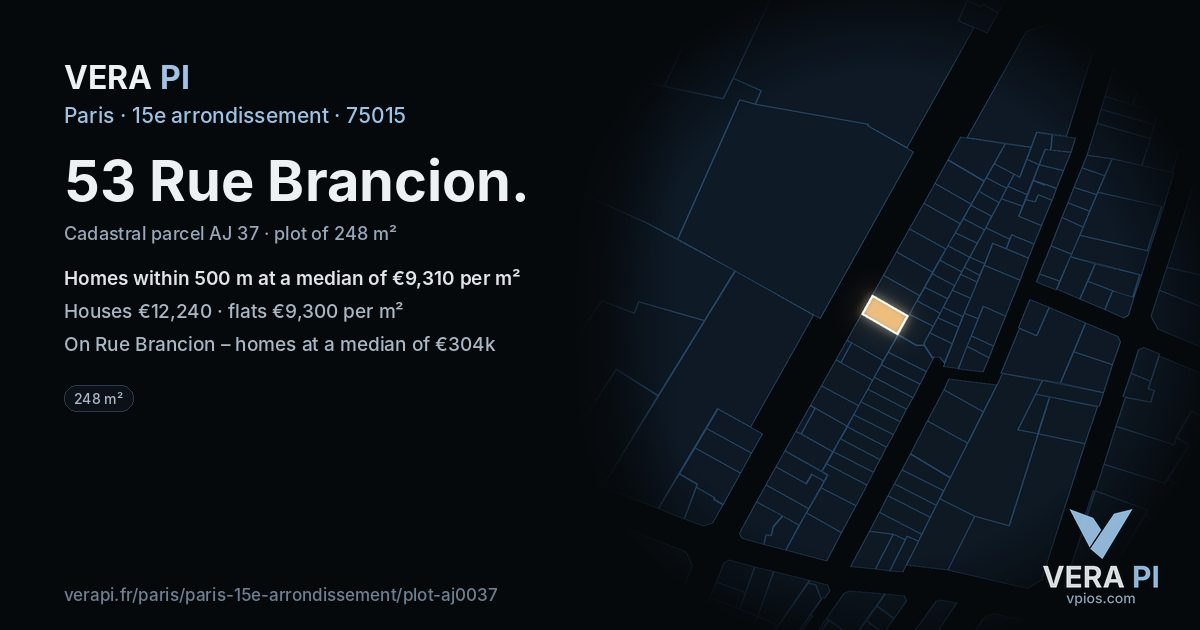 53 Rue Brancion, 15e arrondissement at night – the plot lit, the parcels around coloured by the prices near them