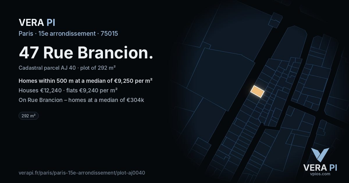 47 Rue Brancion, 15e arrondissement at night – the plot lit, the parcels around coloured by the prices near them