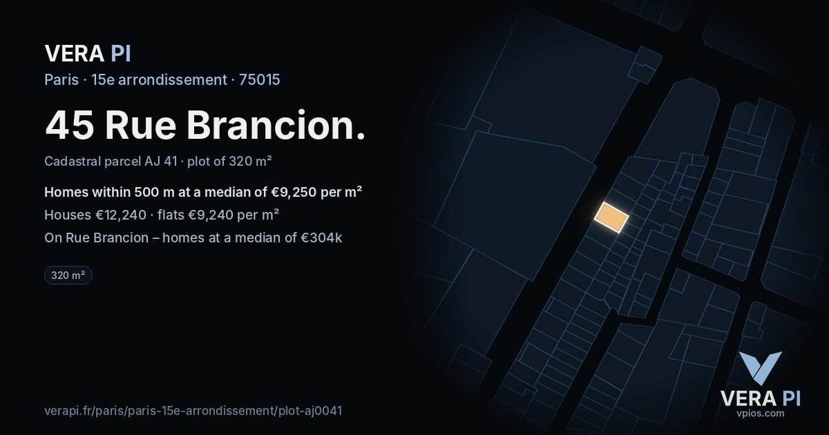 45 Rue Brancion, 15e arrondissement at night – the plot lit, the parcels around coloured by the prices near them