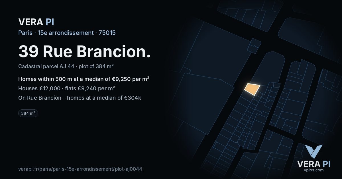 39 Rue Brancion, 15e arrondissement at night – the plot lit, the parcels around coloured by the prices near them
