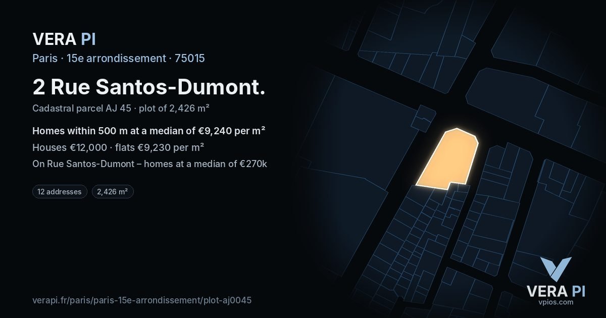 2 Rue Santos-Dumont, 15e arrondissement at night – the plot lit, the parcels around coloured by the prices near them