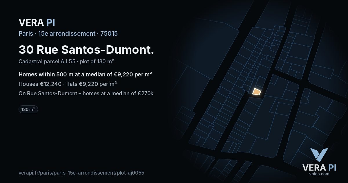 30 Rue Santos-Dumont, 15e arrondissement at night – the plot lit, the parcels around coloured by the prices near them