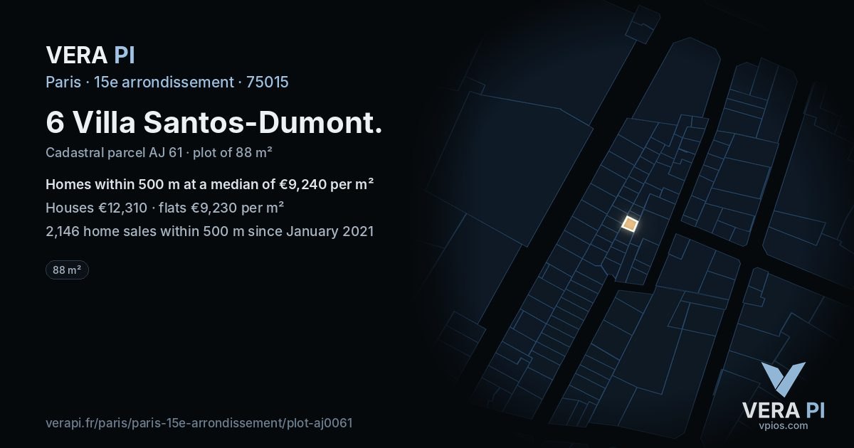 6 Villa Santos-Dumont, 15e arrondissement at night – the plot lit, the parcels around coloured by the prices near them