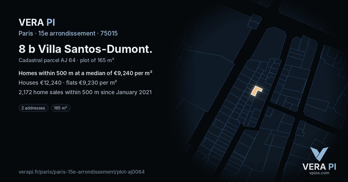 8 b Villa Santos-Dumont, 15e arrondissement at night – the plot lit, the parcels around coloured by the prices near them