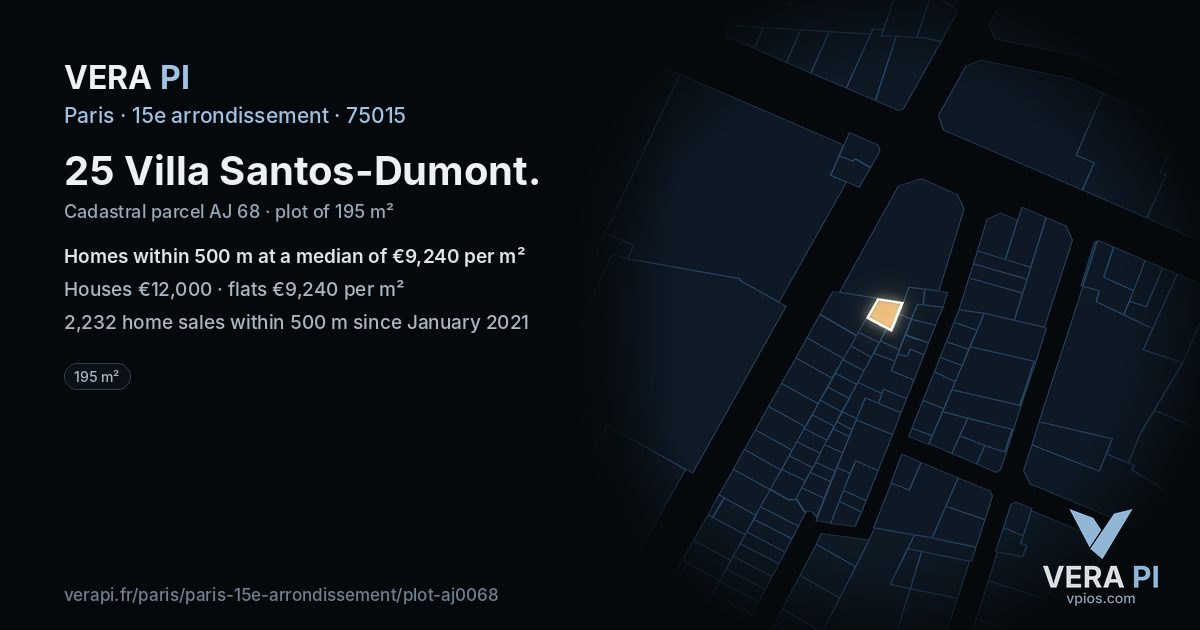 25 Villa Santos-Dumont, 15e arrondissement at night – the plot lit, the parcels around coloured by the prices near them