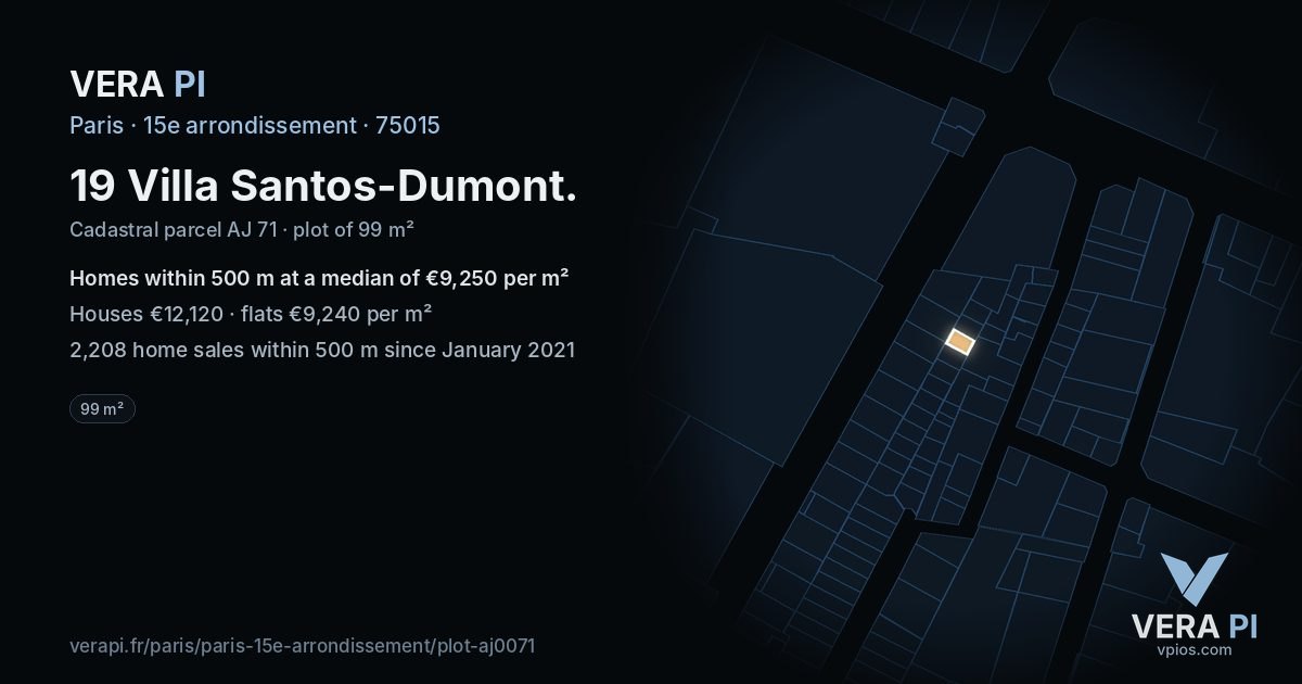 19 Villa Santos-Dumont, 15e arrondissement at night – the plot lit, the parcels around coloured by the prices near them