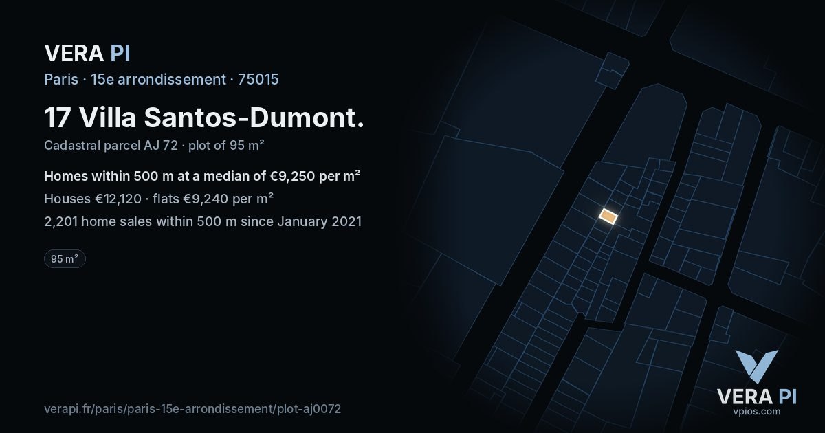 17 Villa Santos-Dumont, 15e arrondissement at night – the plot lit, the parcels around coloured by the prices near them