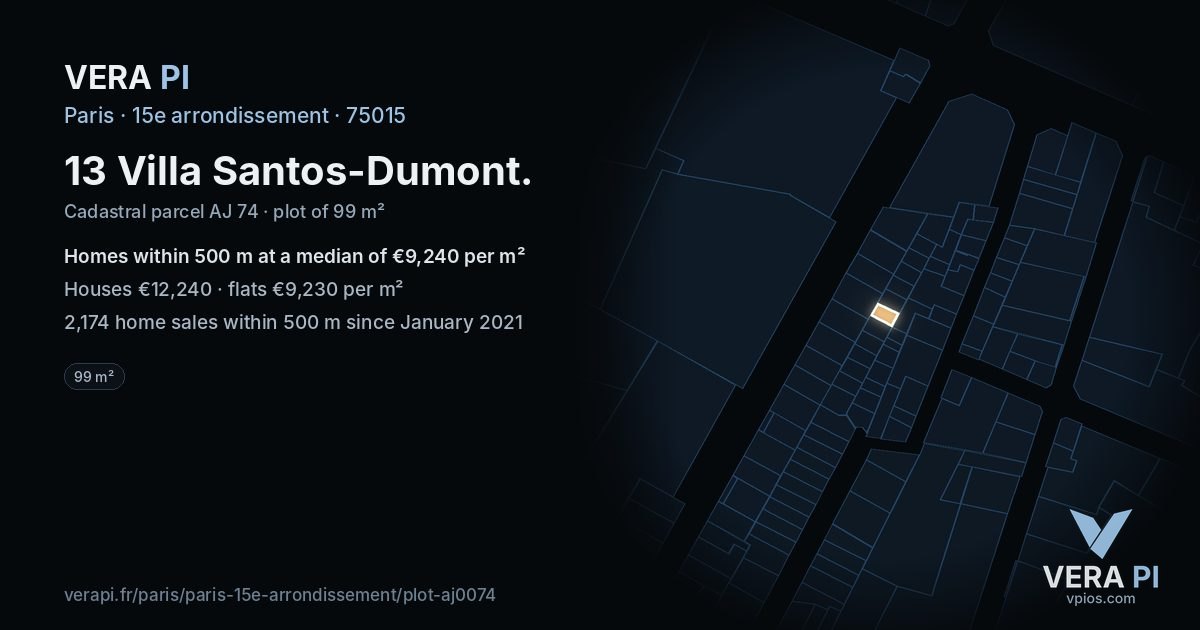 13 Villa Santos-Dumont, 15e arrondissement at night – the plot lit, the parcels around coloured by the prices near them