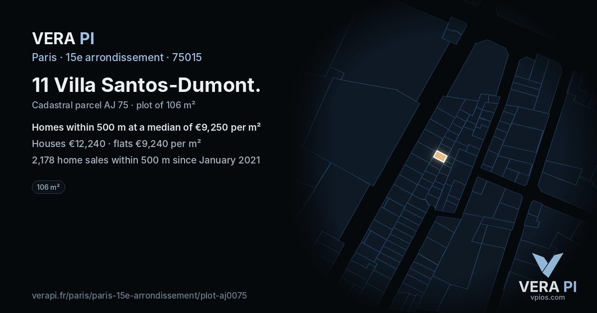 11 Villa Santos-Dumont, 15e arrondissement at night – the plot lit, the parcels around coloured by the prices near them