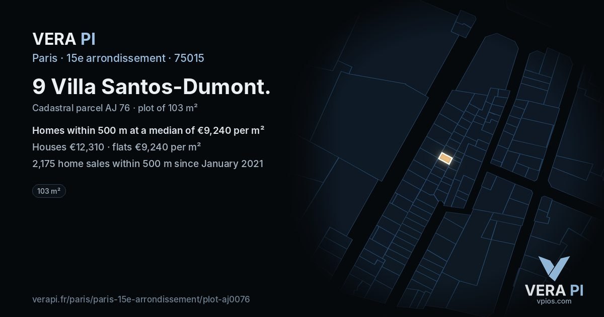 9 Villa Santos-Dumont, 15e arrondissement at night – the plot lit, the parcels around coloured by the prices near them