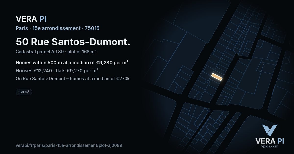 50 Rue Santos-Dumont, 15e arrondissement at night – the plot lit, the parcels around coloured by the prices near them