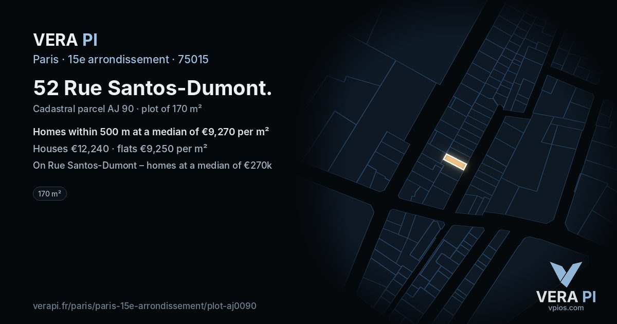 52 Rue Santos-Dumont, 15e arrondissement at night – the plot lit, the parcels around coloured by the prices near them