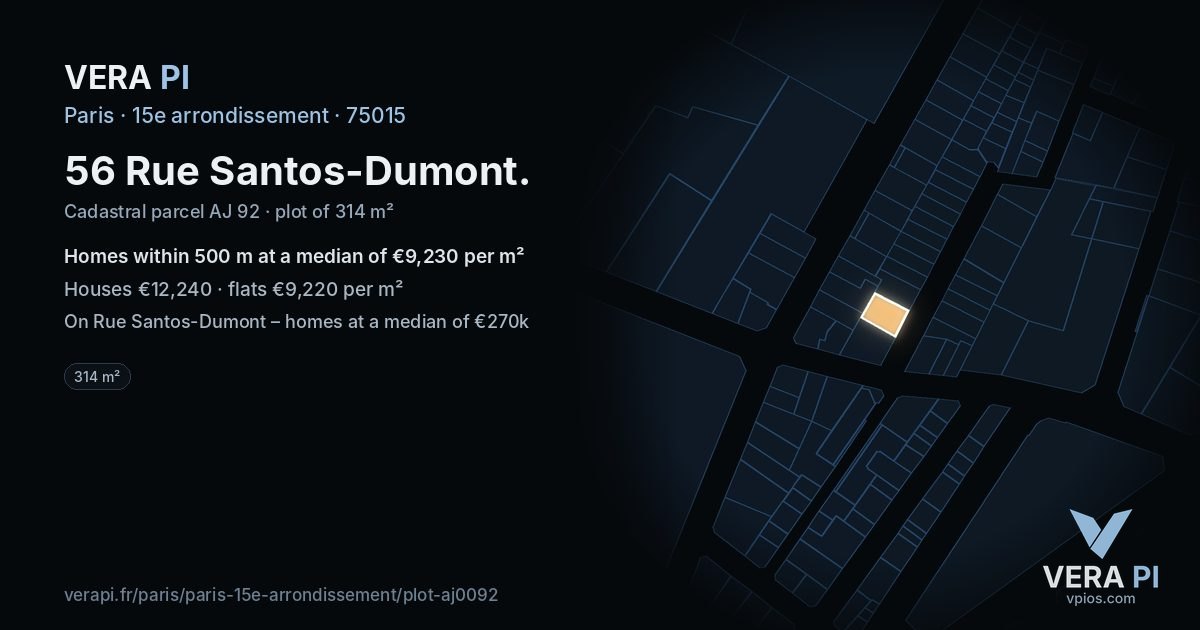56 Rue Santos-Dumont, 15e arrondissement at night – the plot lit, the parcels around coloured by the prices near them
