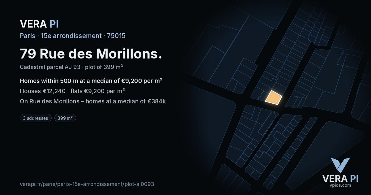 79 Rue des Morillons, 15e arrondissement at night – the plot lit, the parcels around coloured by the prices near them